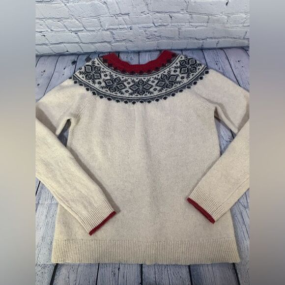 Anthropologie Tabitha Webb Cream Red Blue Fair Isle Preppy Ski Wool Sweater L - Picture 6 of 9